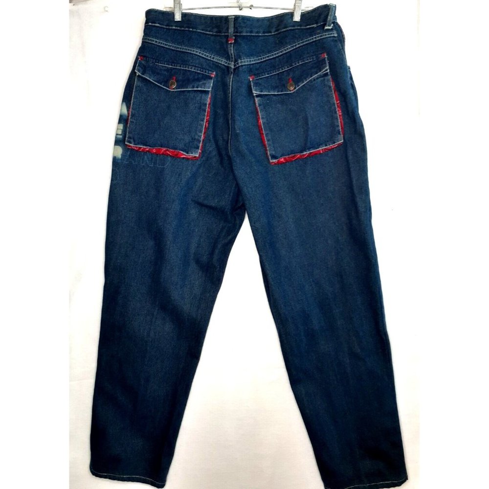 MVBE Maka Veli Branded Mens 40x34 Jeans Blue Denim Western w Red Motif Trim